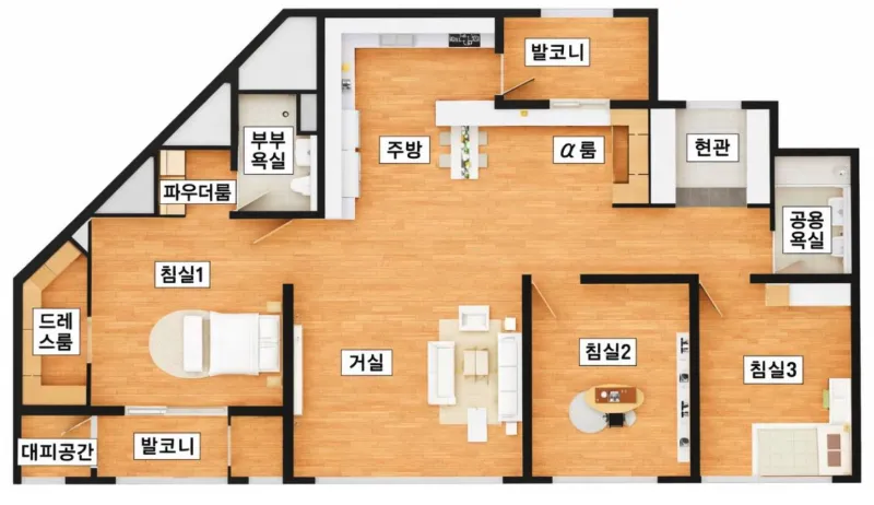 아주동 덕진 거제의봄 84㎡A 평면도 - 방3개 거실 주방 욕실2개 33평형 90세대