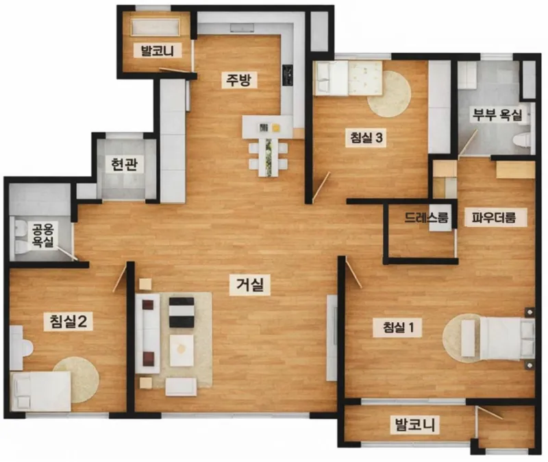 아주동 덕진 거제의봄 84㎡B 평면도 - 방3개 거실 주방 욕실2개 33평형 82세대