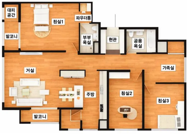 아주동 덕진 거제의봄 84㎡C 평면도 - 방3개 거실 주방 욕실2개 33평형 31세대