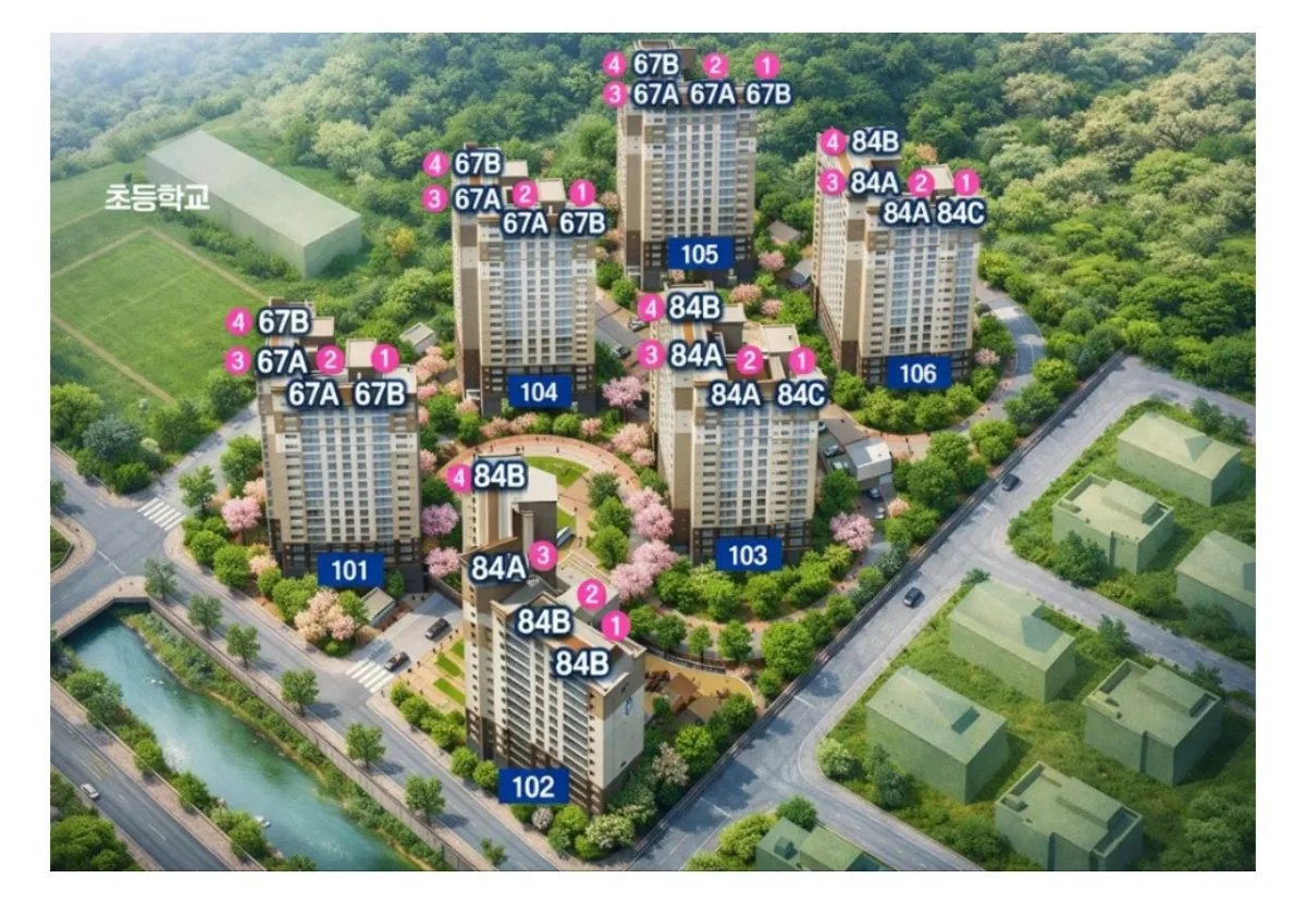 아주동 덕진 거제의봄 아파트 단지 배치도 - 6개동 417세대 배치 현황